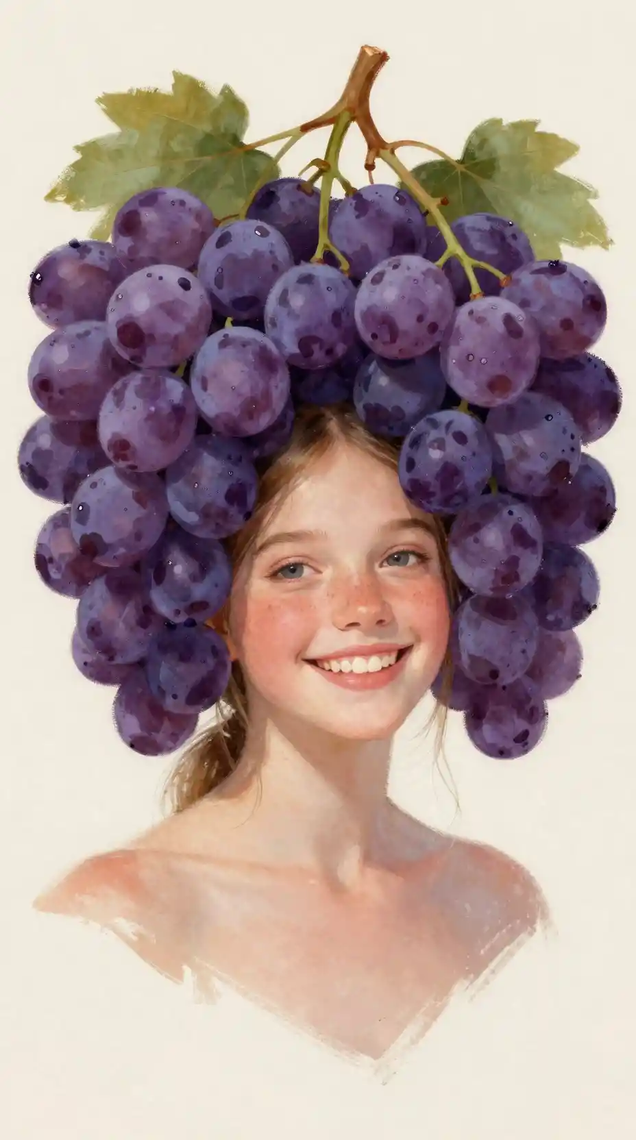 Niña sonriente con pecas y cabello de uvas moradas fantasiosas