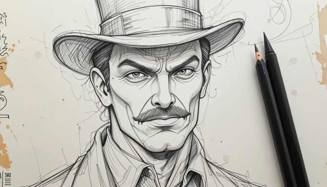 Pencil sketch portrait of masked man in top hat