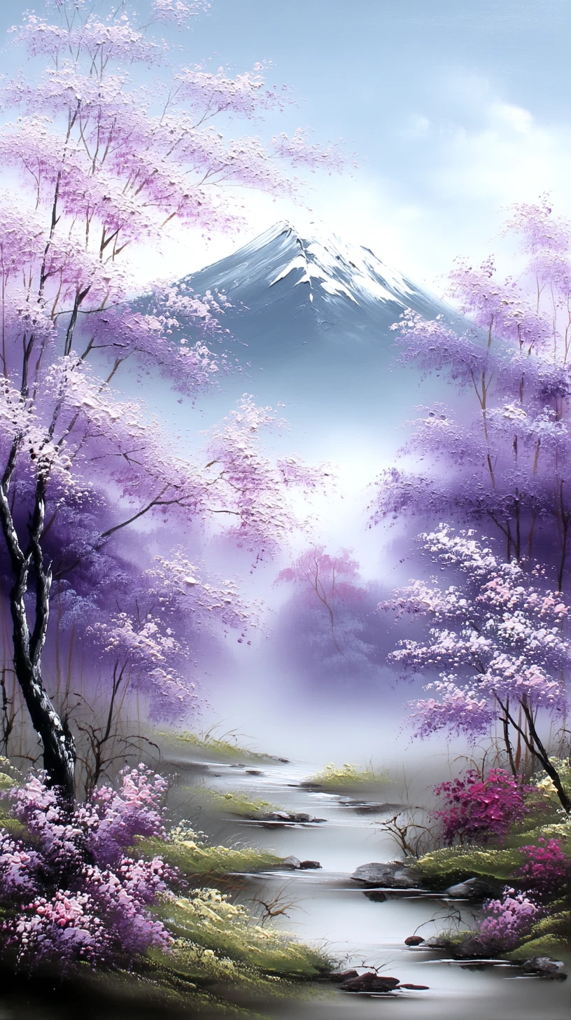 Sacred mountain with cherry blossoms and quiet flowing stream