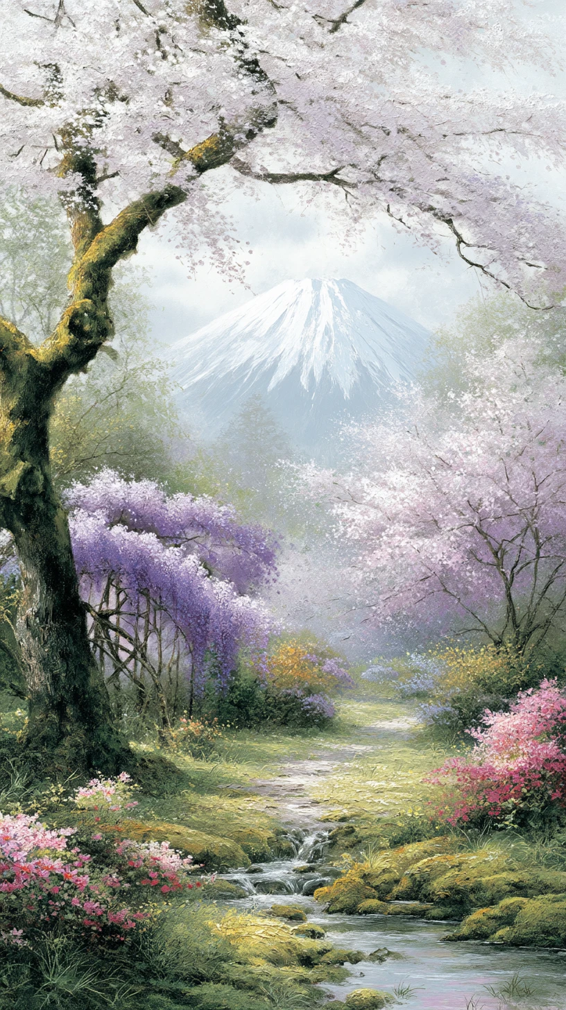 Sacred mountain and cherry blossoms in tranquil watercolor landscape