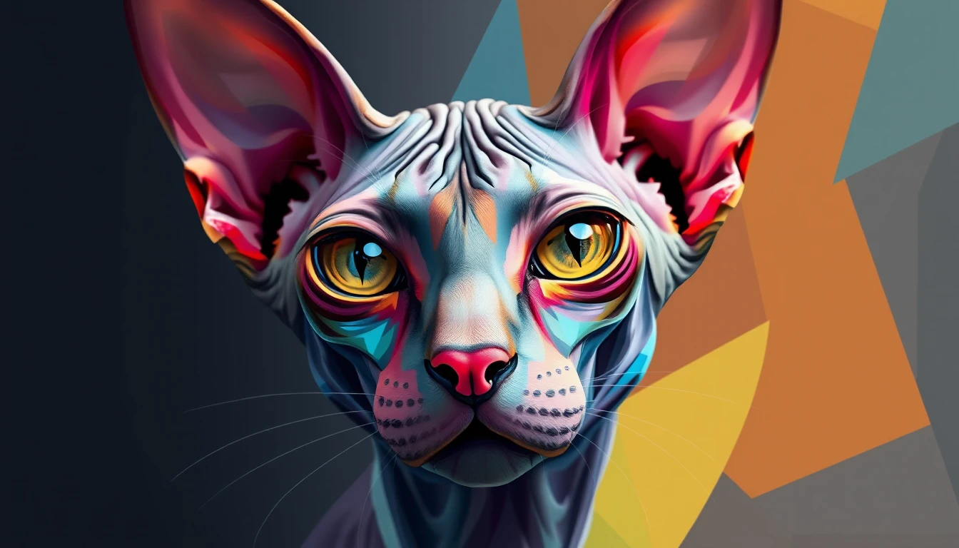 Abstract sphynx cat portrait in bold cubist style