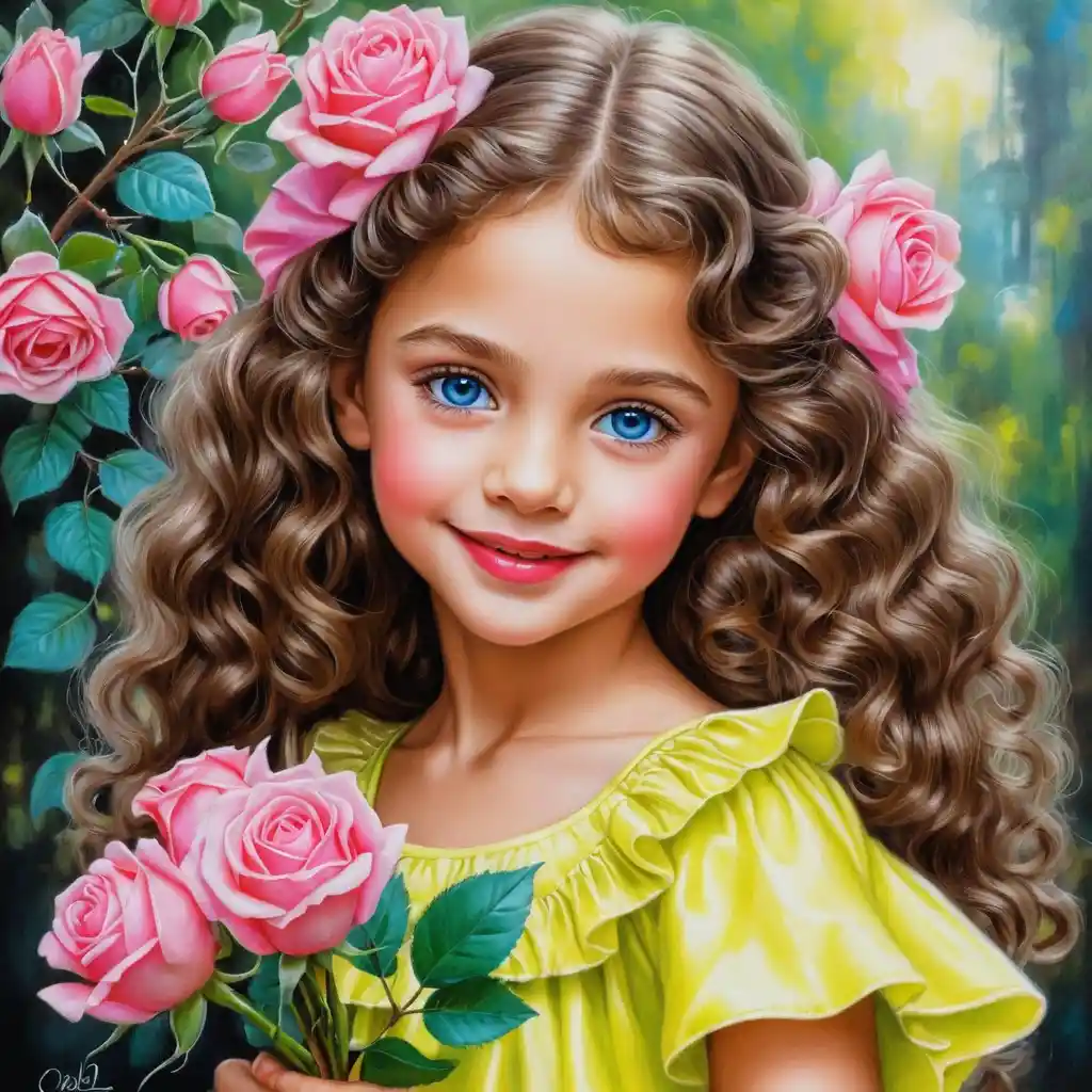 Smiling girl with long curly hair and pink roses