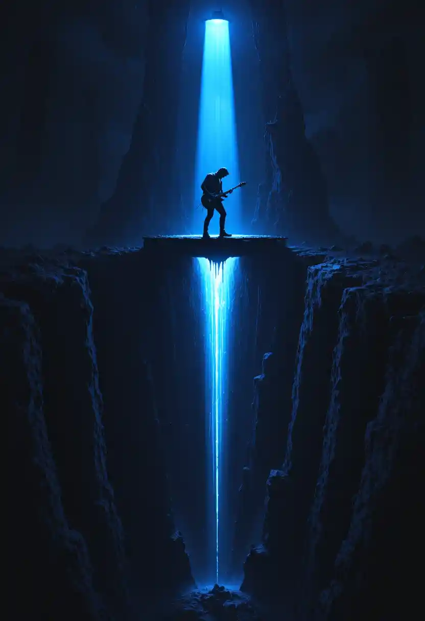 Guitarist On Narrow Platform Above A Surreal Endless Abyss
