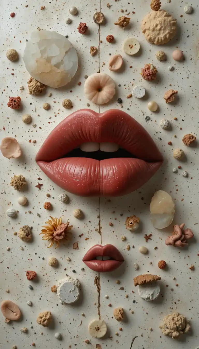 Surreal lips and eyes fragments scattered across abstract space