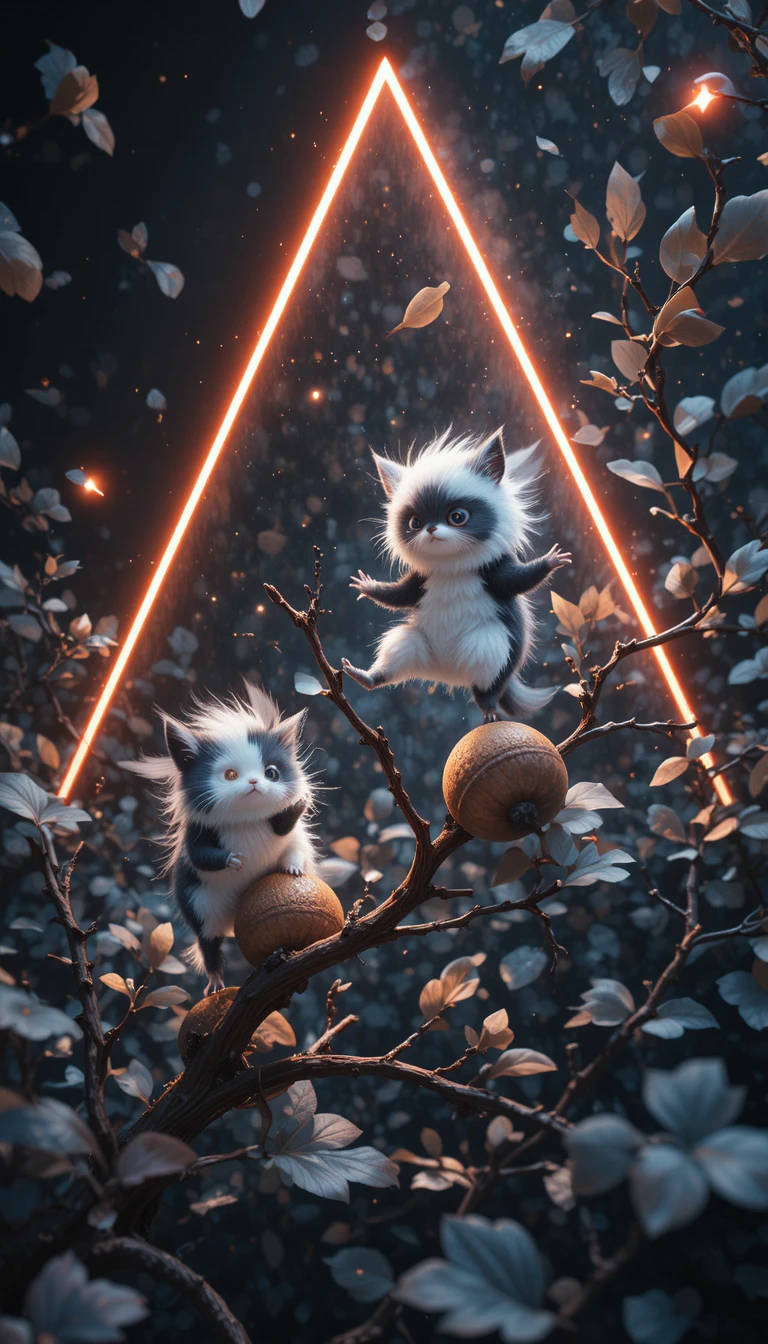 Small fluffy fantasy creatures jumping playfully on acorns