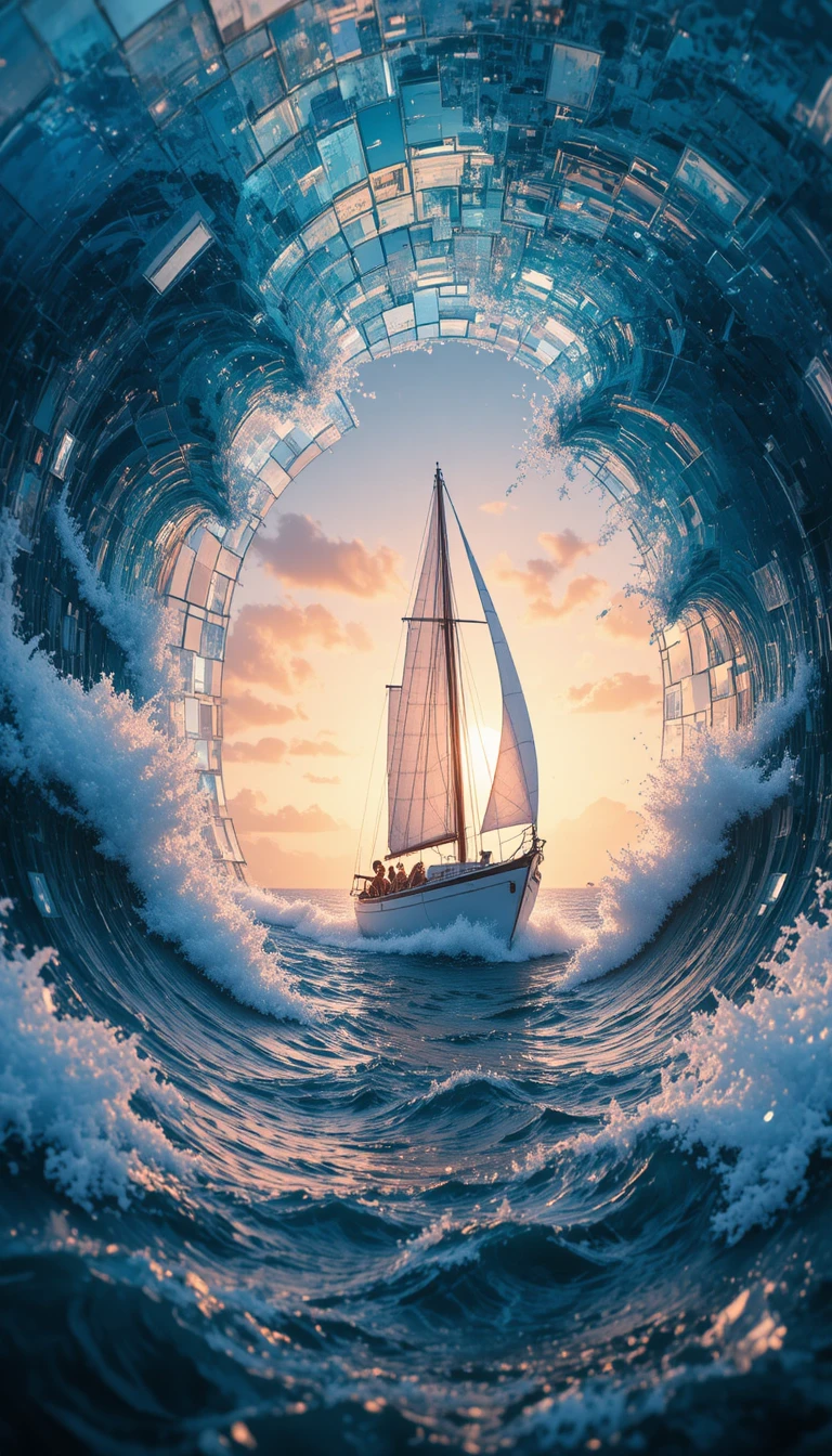 White sailboat battling fierce ocean waves at sunset