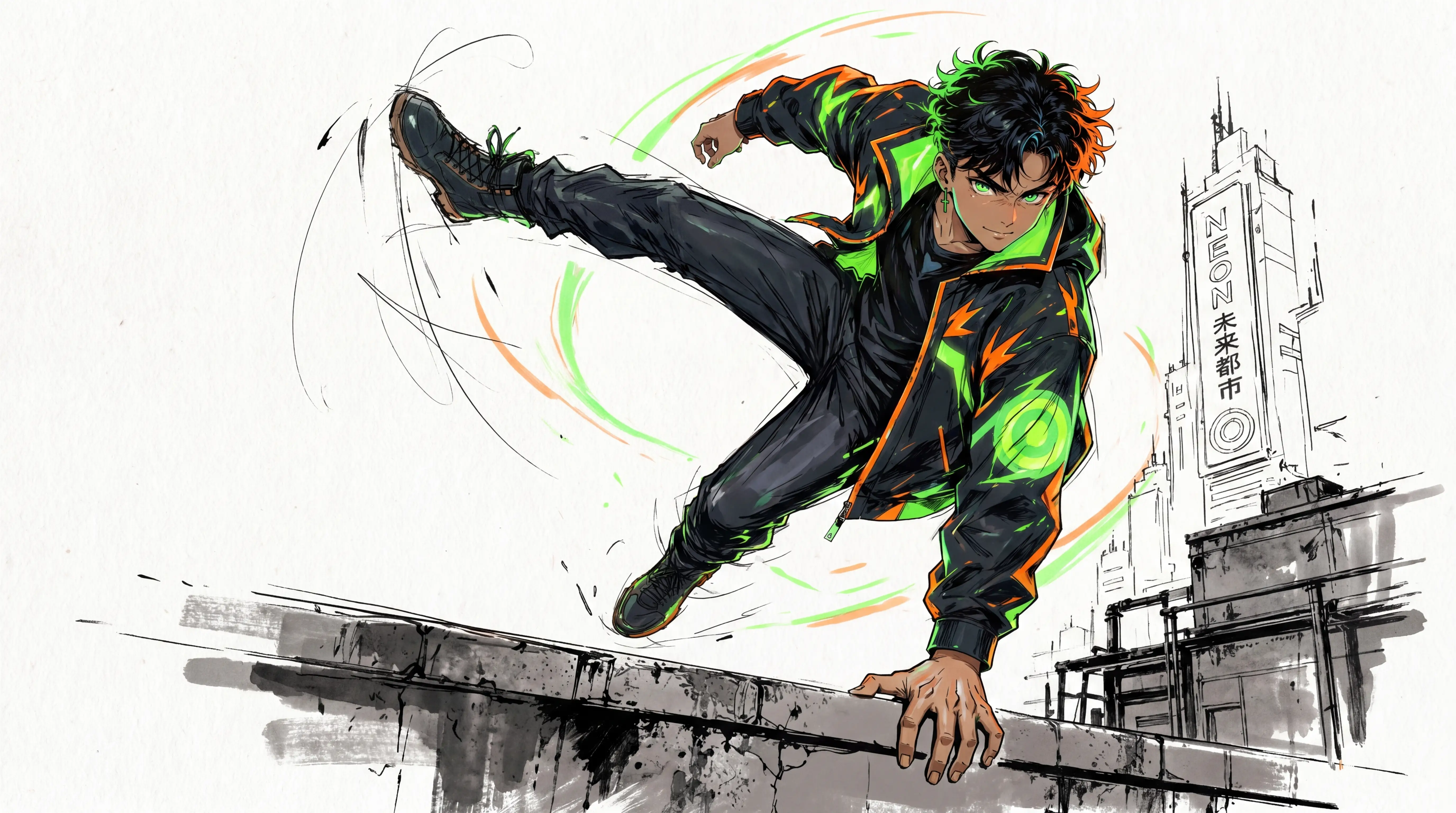 Eroe parkour in stile anime che scavalca un tetto illuminato al neon