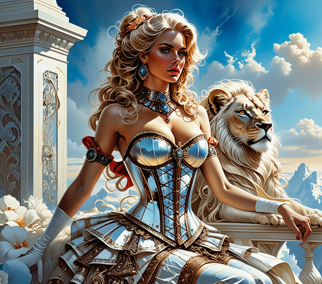 Duchessa fantasy con leone bianco in un boudoir sontuoso