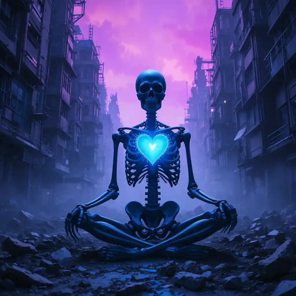 Lonely skeleton with glowing heart in neon cyberpunk city