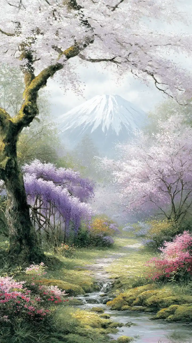 Montagna sacra e ciliegi in fiore in un tranquillo paesaggio ad acquerello