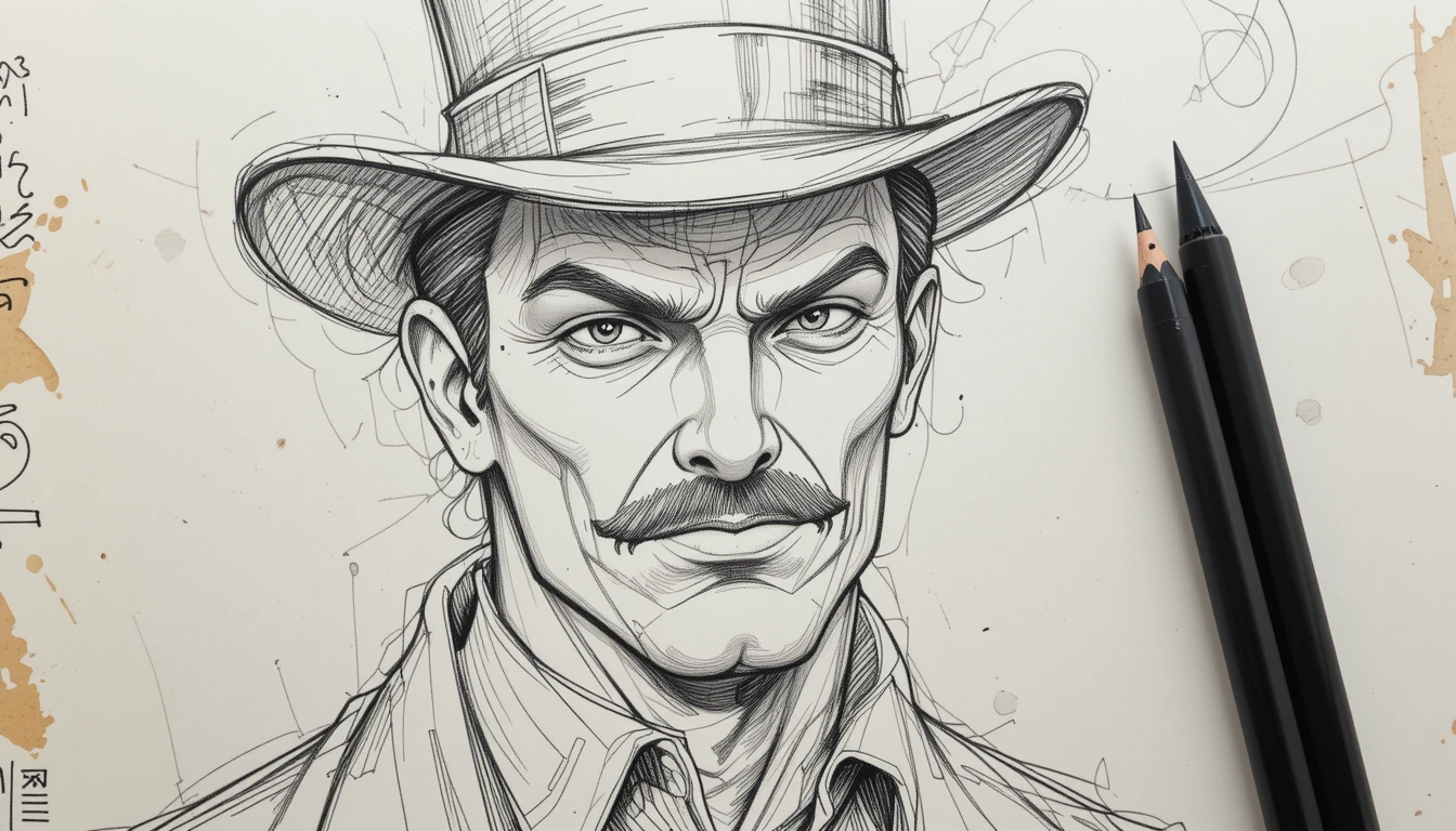 Pencil sketch portrait of masked man in top hat