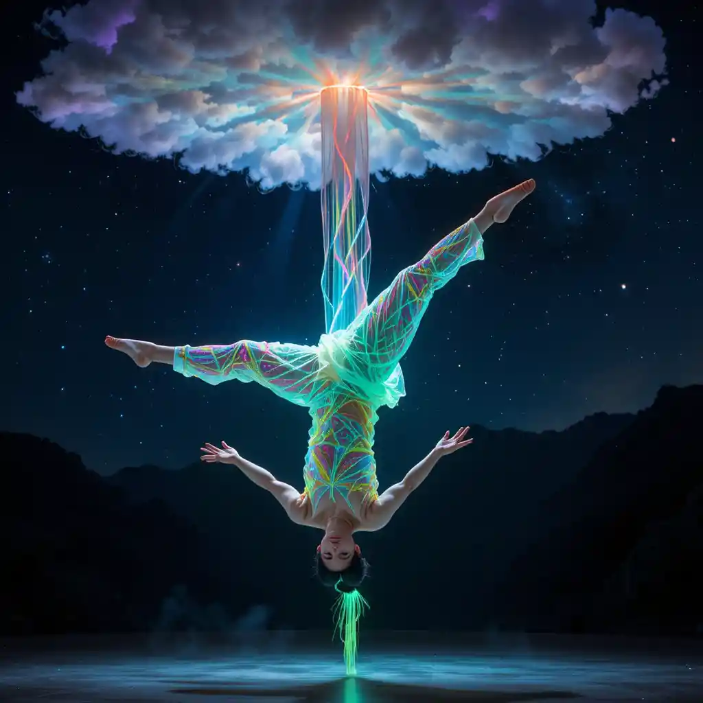 Chinese acrobat suspended in neon ribbons under night sky
