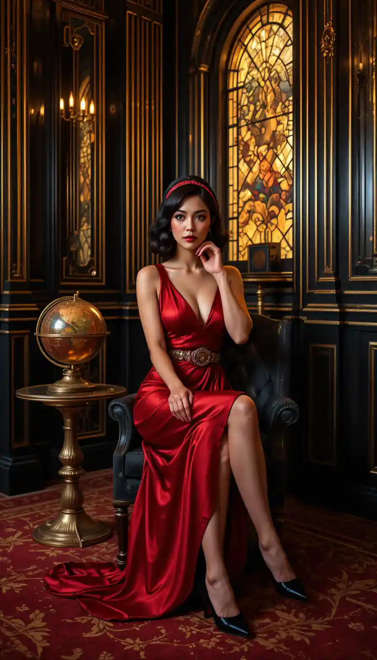 Donna elegante in abito rosso in un interno art déco