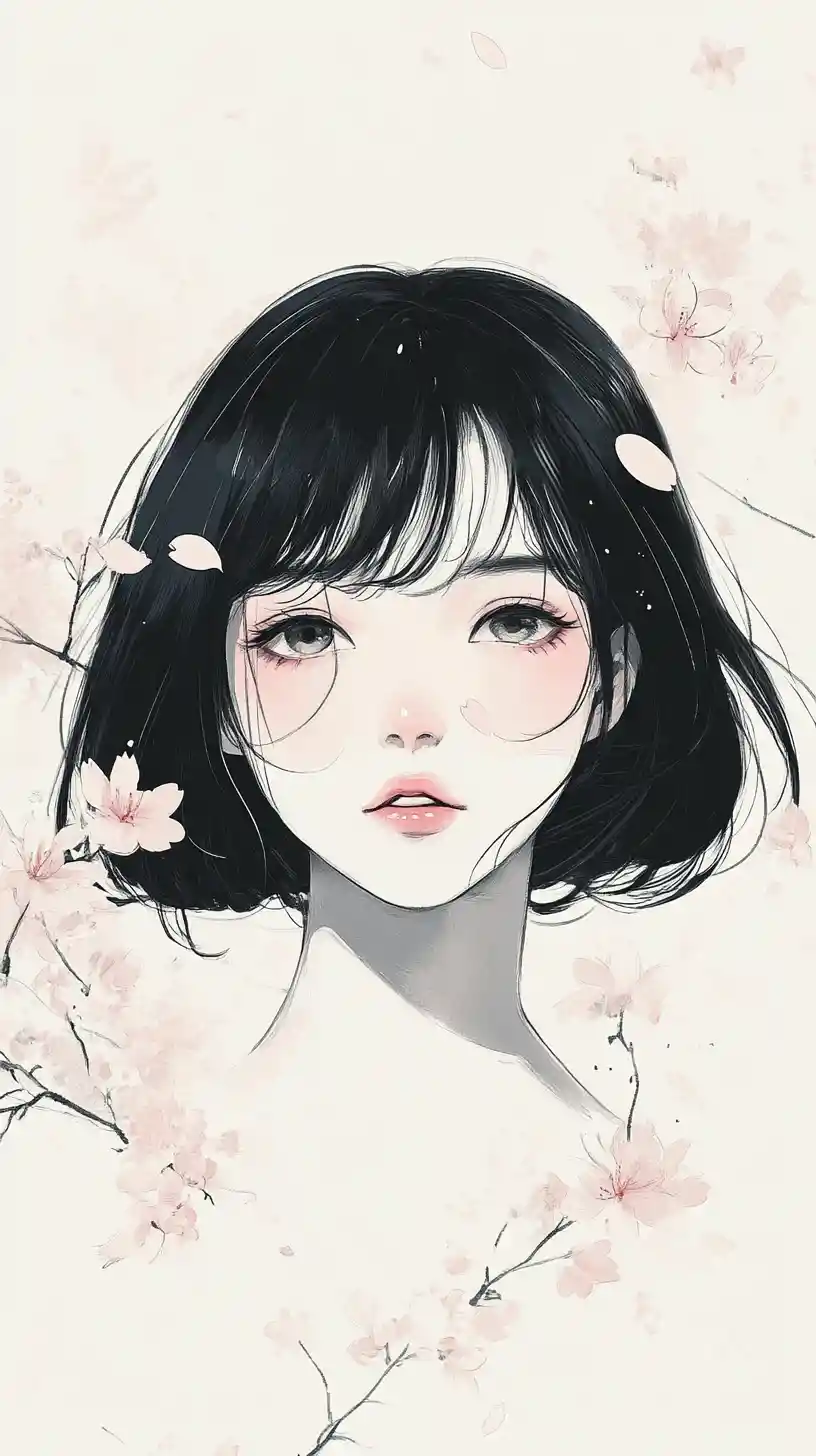 Minimalistisches Tintenporträt eines Anime-Mädchens mit Kirschblüten