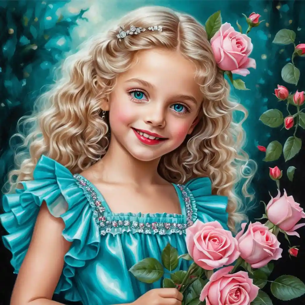 Smiling blonde girl with roses in teal glitter dress