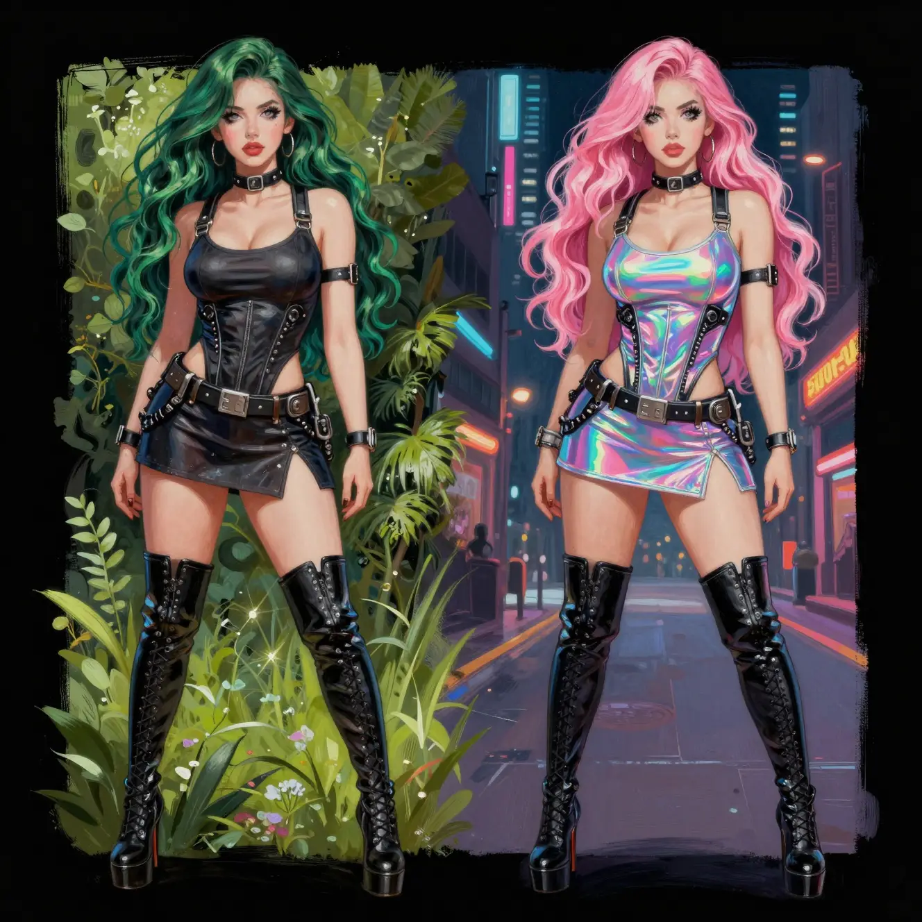 Full body illustration of twin women with long flowing hair