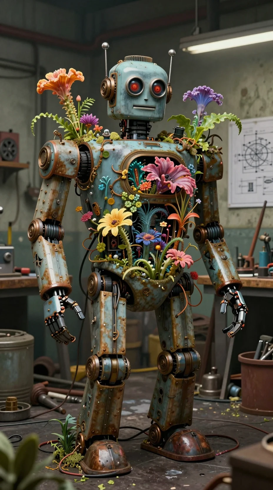 Surreal portrait of a vintage robot blooming with alien flora