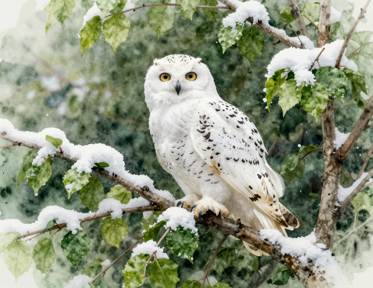 White owl perched on snowy green foliage in forest