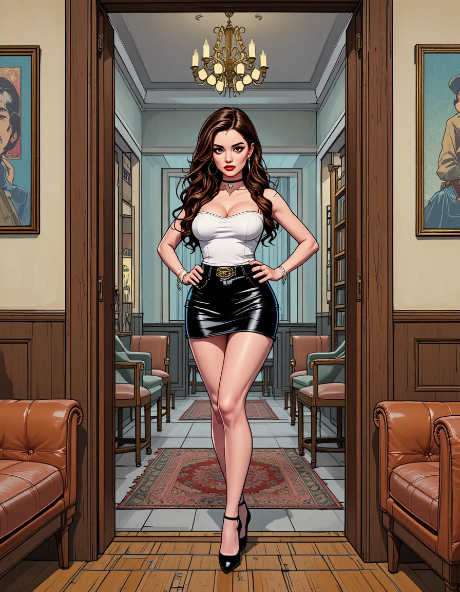 Brunette woman posing playfully in a hallway entrance