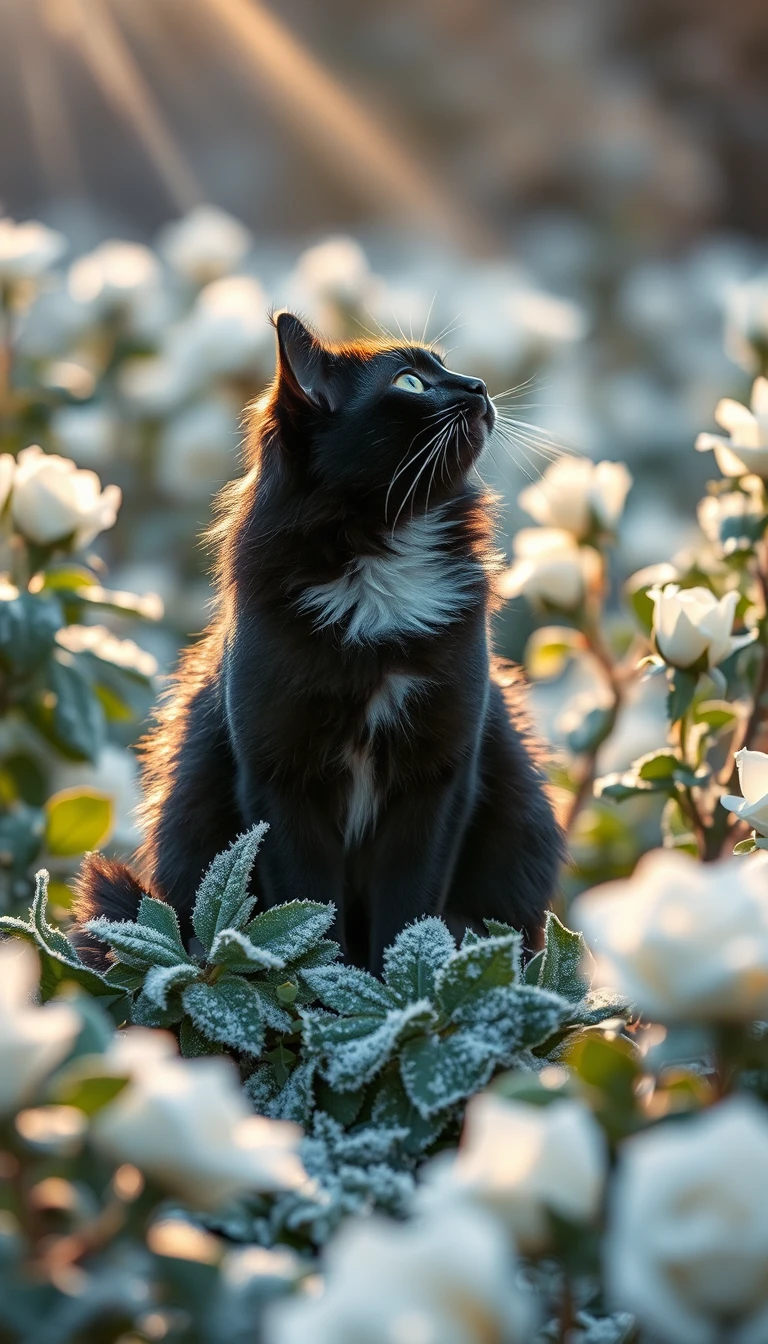 Black cat in frosted rose garden under winter light