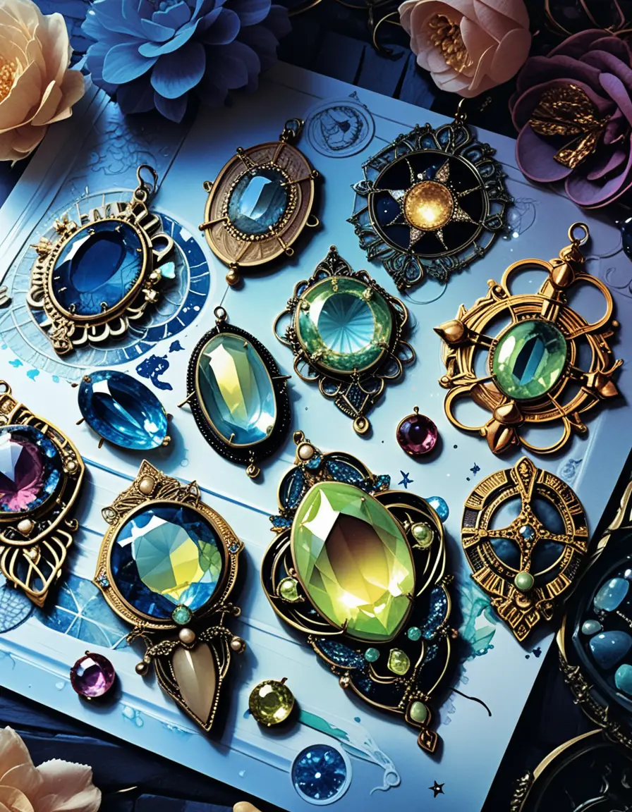 Bohemian gemstone jewelry with neon celestial zodiac illustration