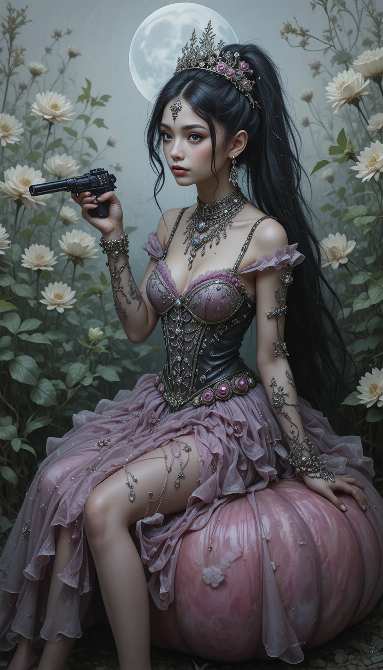 Dark fantasy girl princess sitting on a surreal pea throne