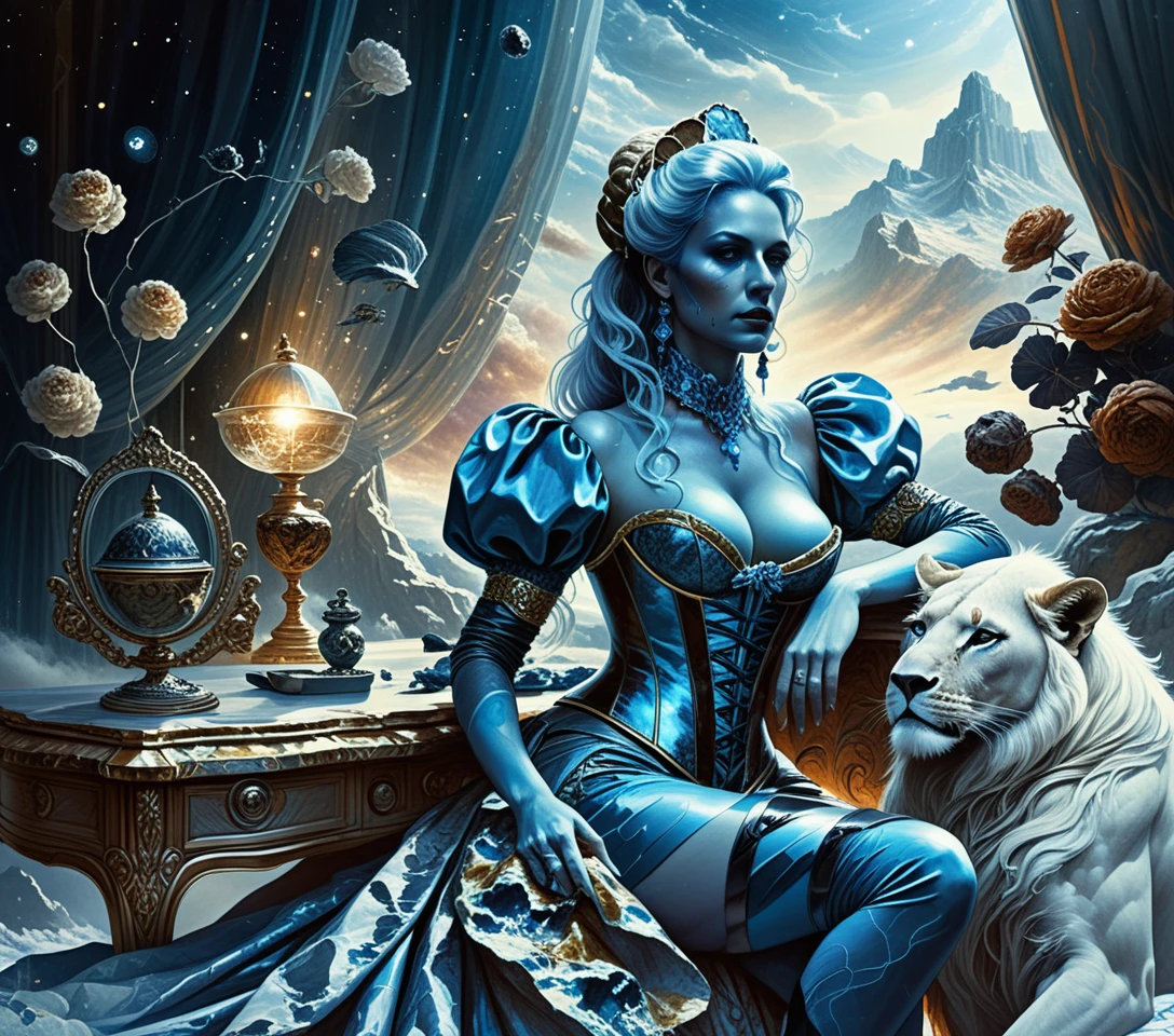 Cortigiana fantasy con leone bianco in boudoir rococò