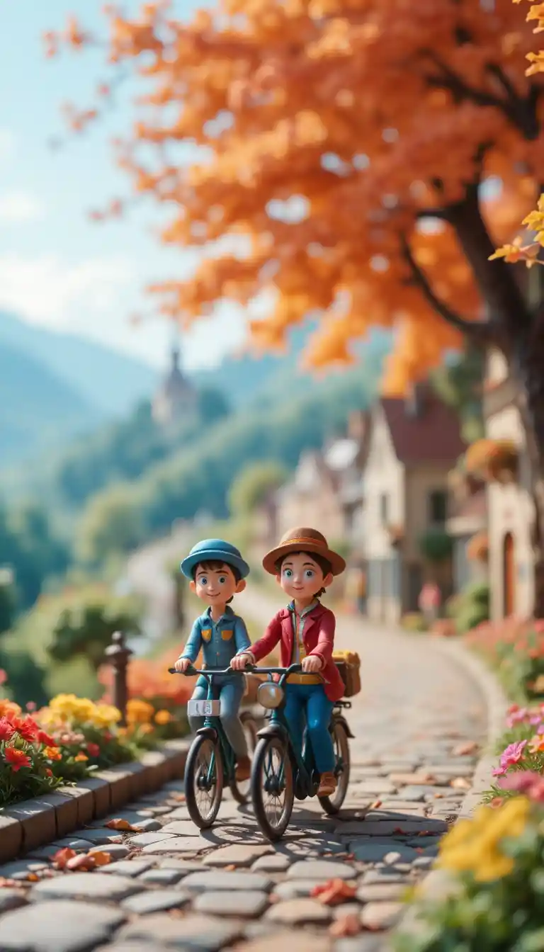 Ciclisti di plastilina in stile Pixar che sfrecciano in un villaggio francese