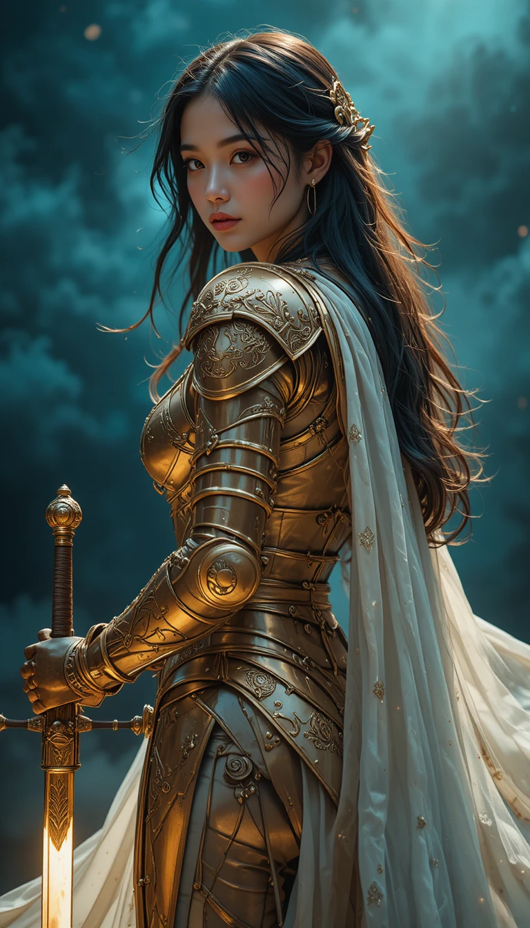 Golden armored warrior woman with flowing white cape