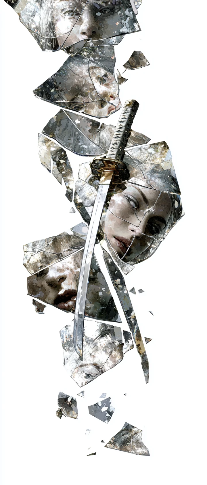 Falling mirror shards with katana on pure white background