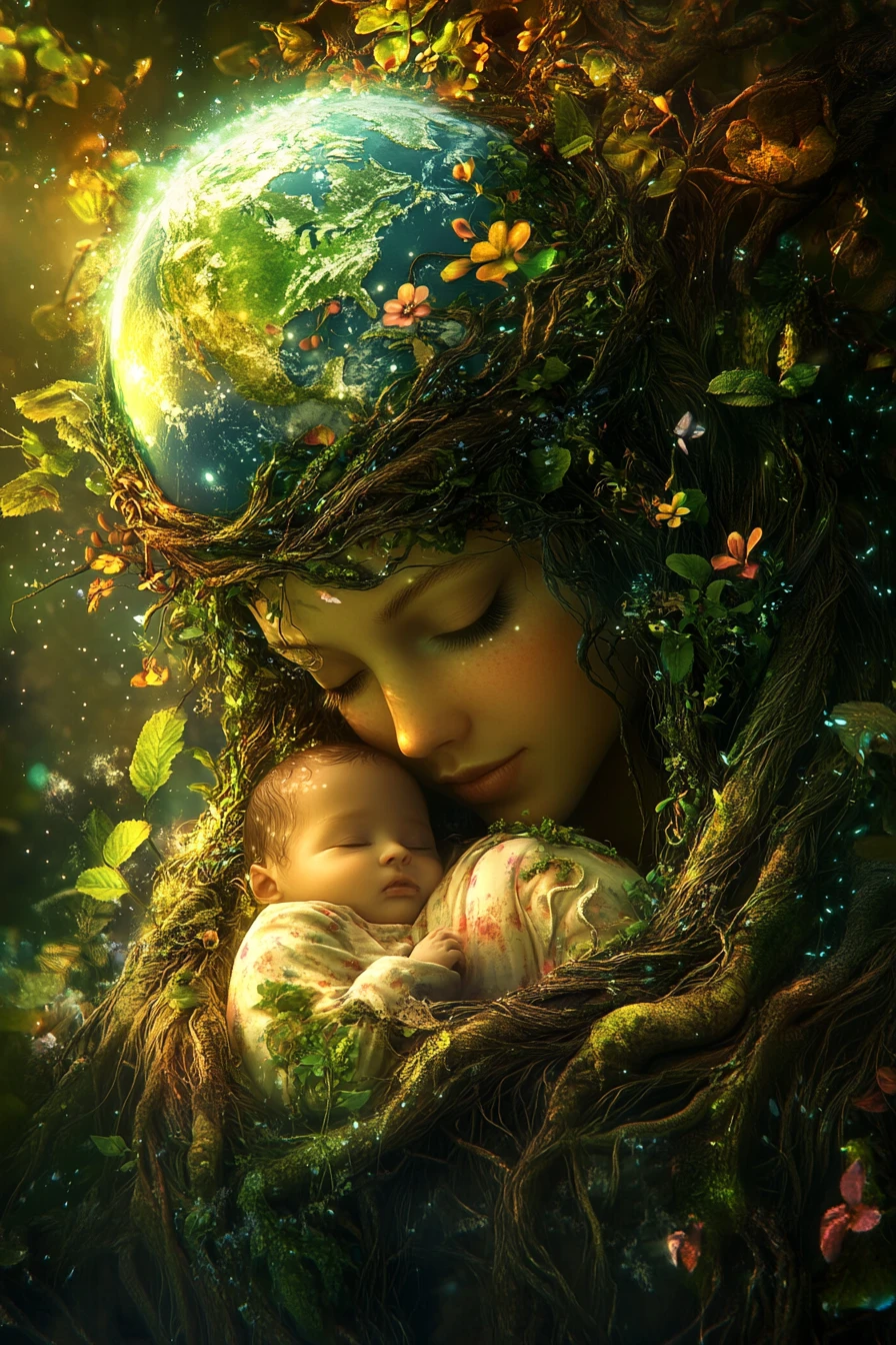 Earth goddess cradling a newborn amid living forests