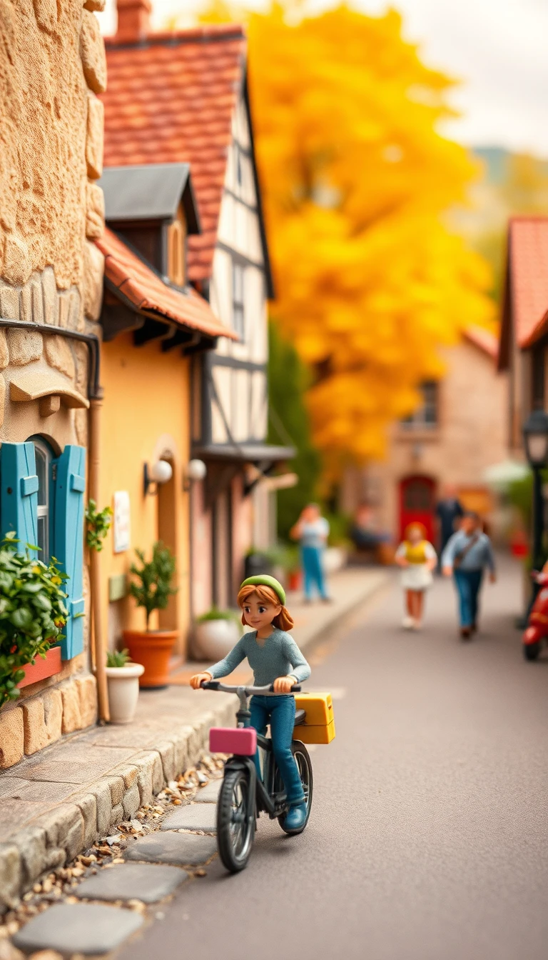 Pixar style clay cyclists racing through a French village