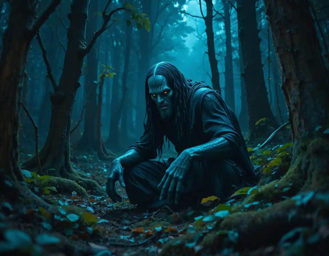 Mostro cornuto in una foresta oscura di notte