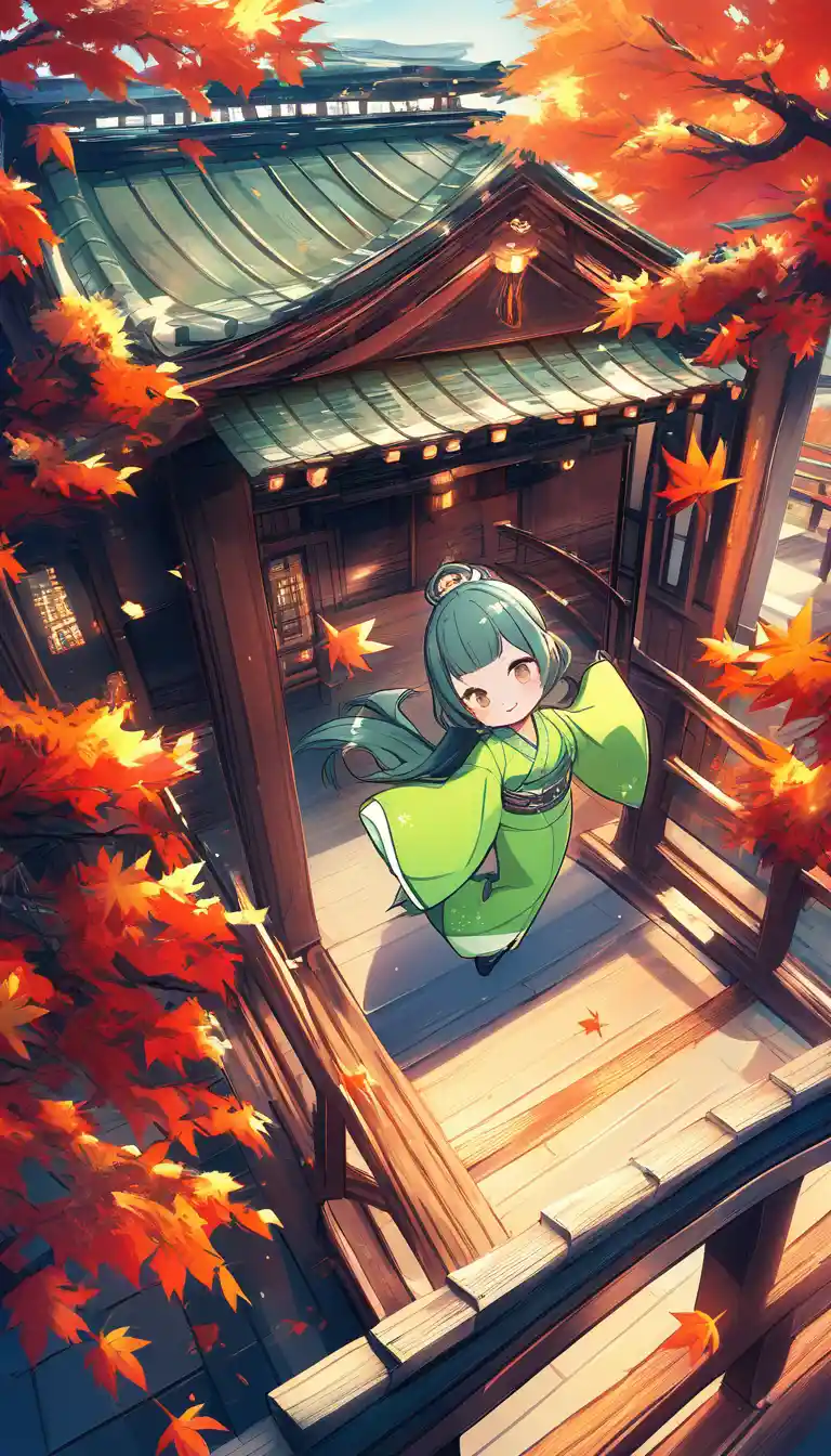 Chibi maiden on a wooden bridge in a tranquil Japanese garden