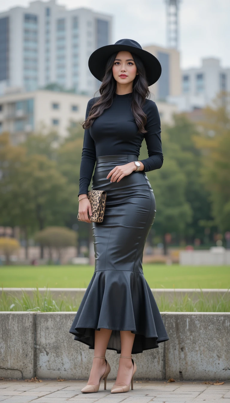 Stylish woman in black outfit posing by urban park wall