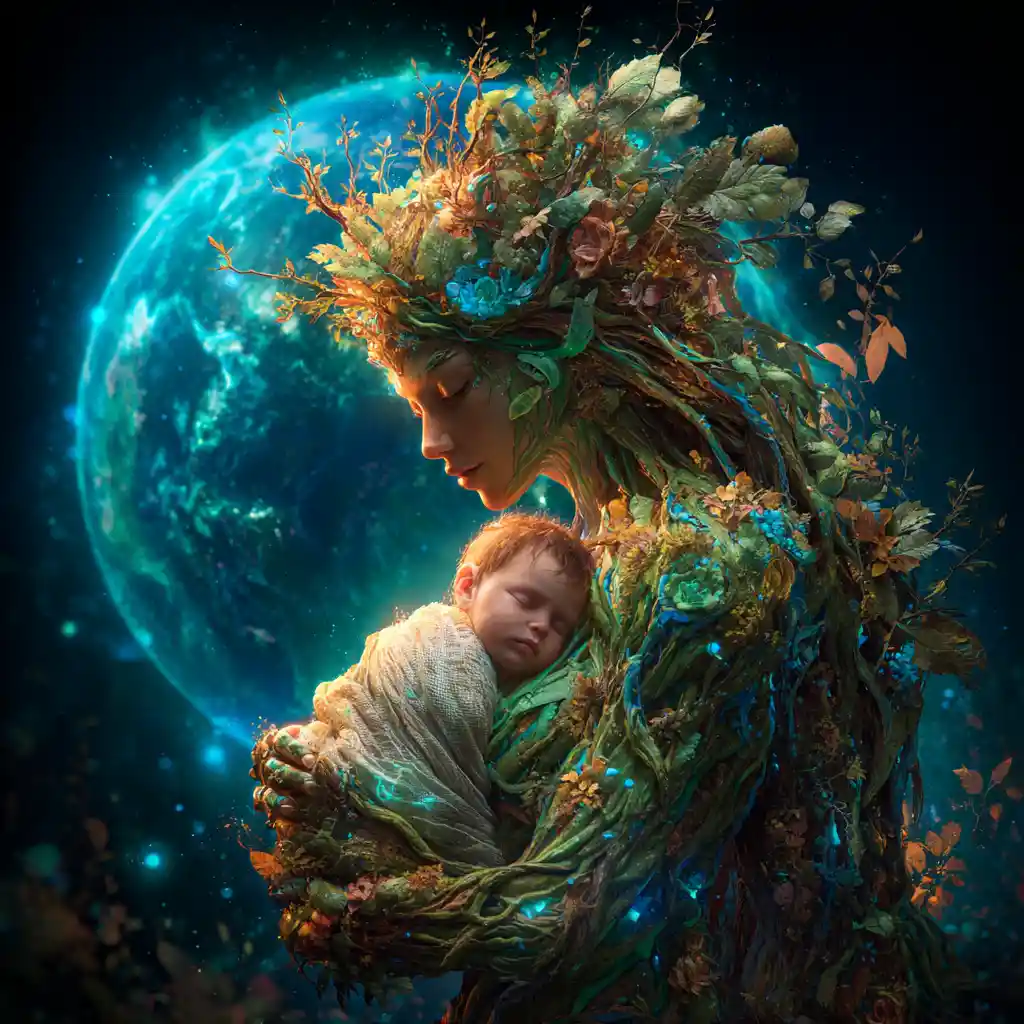 Earth goddess cradling a newborn in glowing cosmic nature
