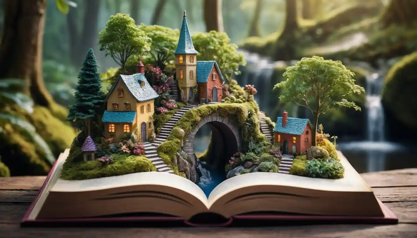 Miniature forest village blooming from an open storybook