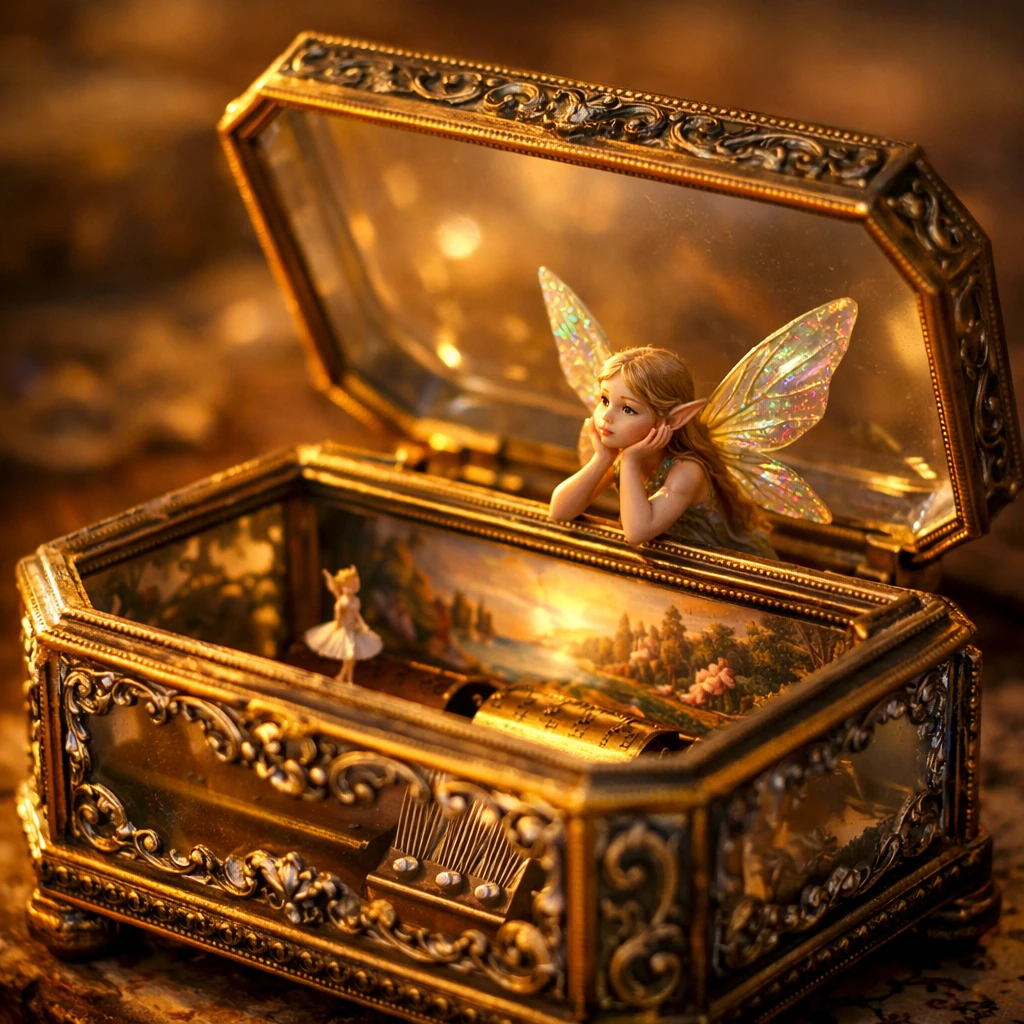 Antique music box with tiny fairy at sunset
