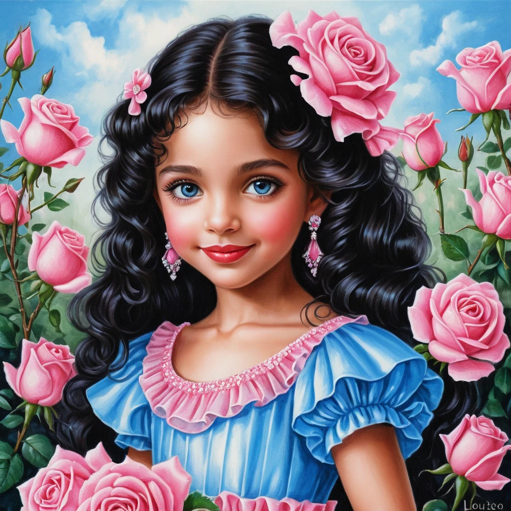 Smiling blue eyed girl in pink dress holding roses