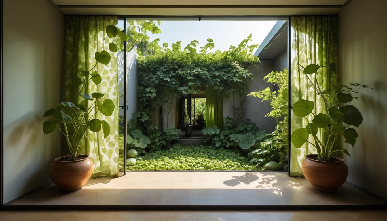 Intérieur chaleureux encadré de lianes vertes et d’un jardin d’été