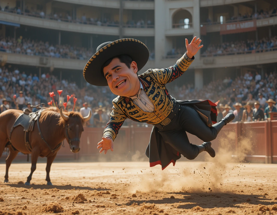 Bullfighter thrown into the air in a dramatic bullring scene