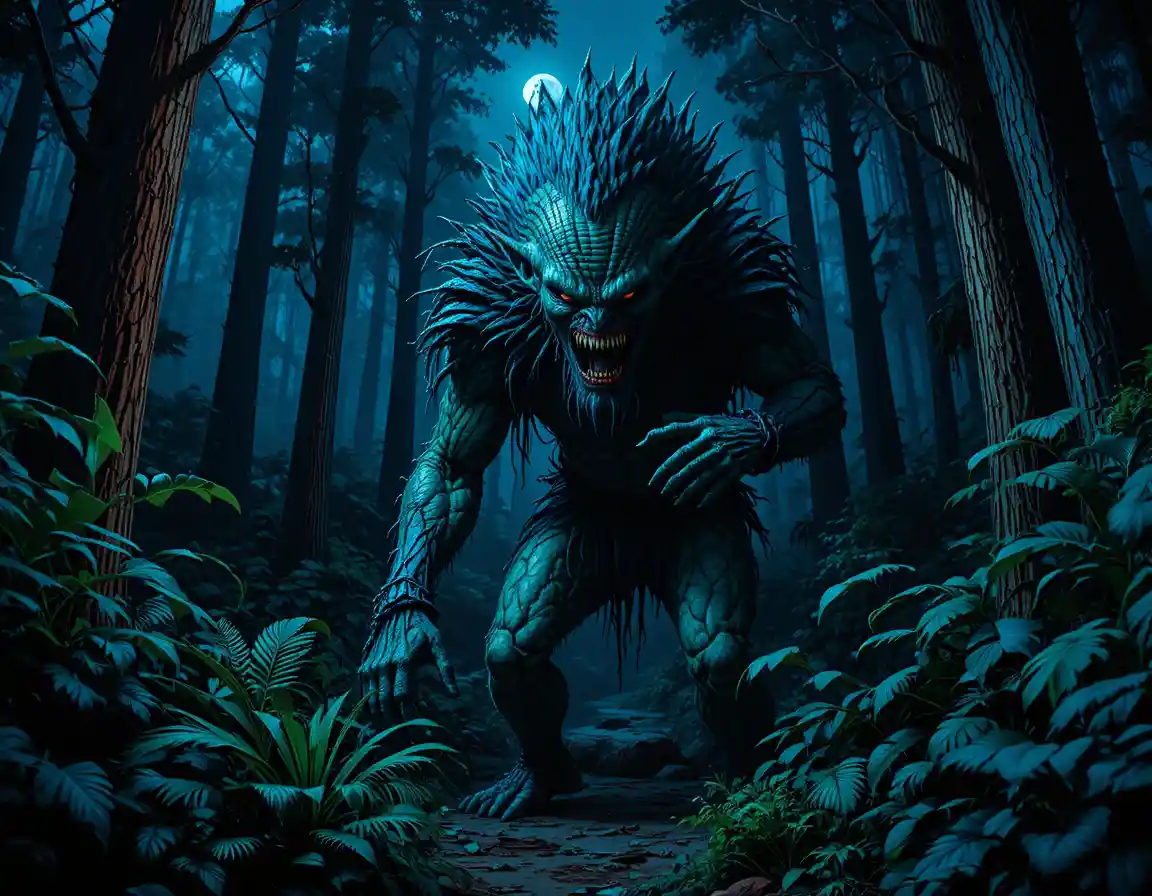 Horned humanoid monster lurking in a dark forest