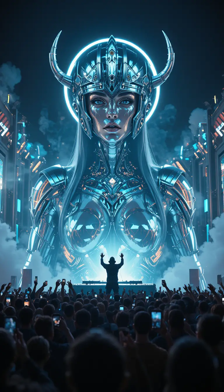 Avatar di Valchiria cibernetica che svetta sulla folla di un festival EDM
