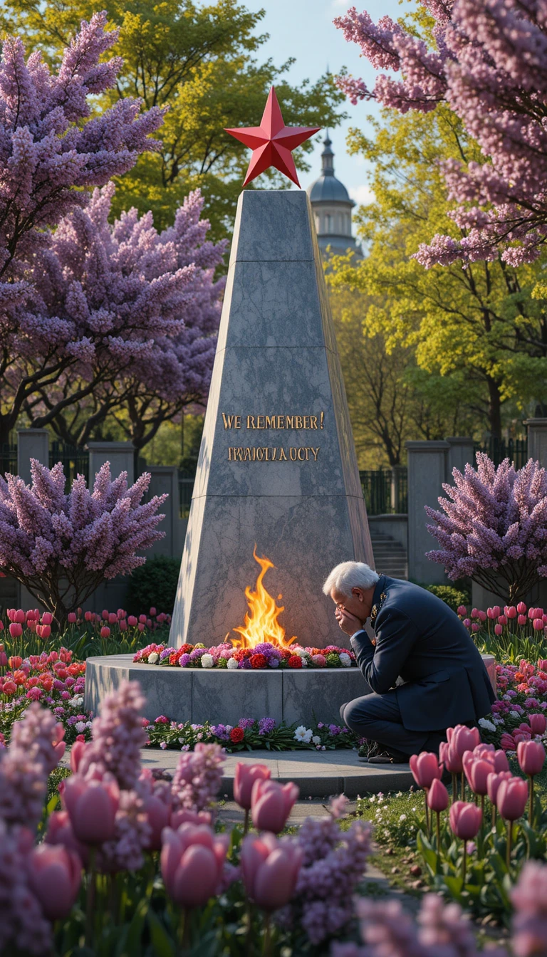 Elderly veteran mourning beside flaming war memorial