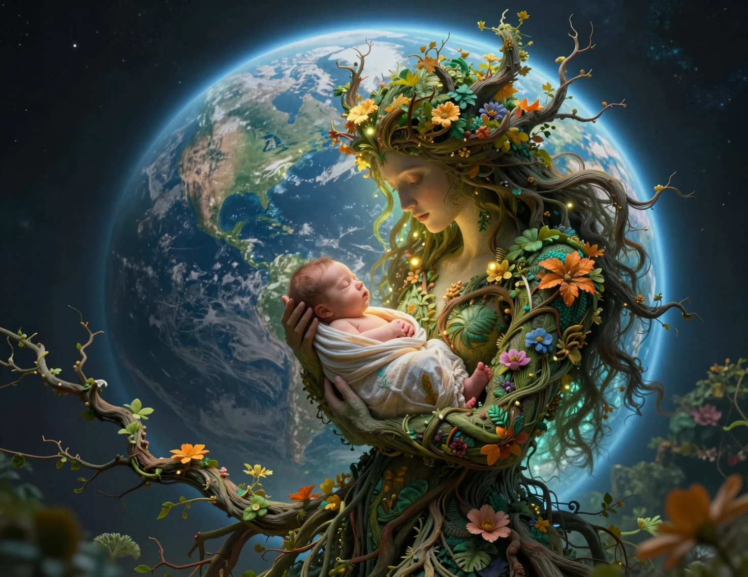 Earth goddess cradling a sleeping newborn in space
