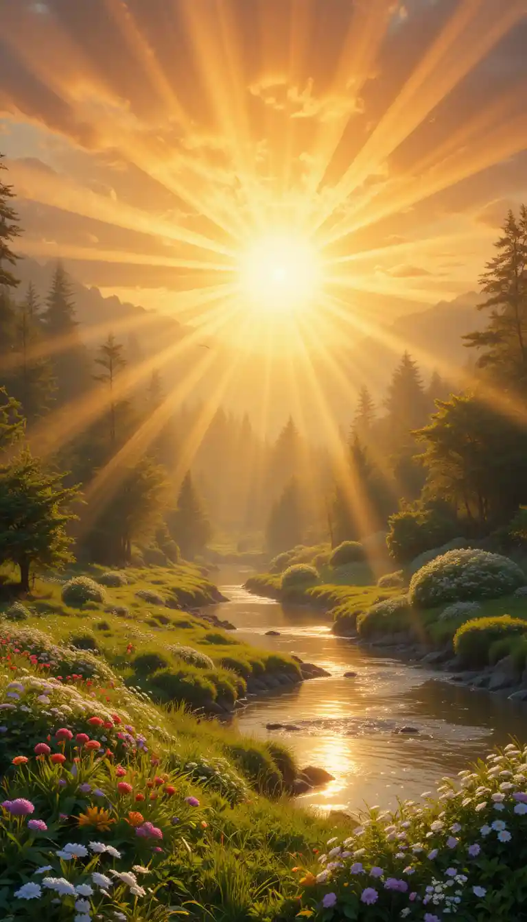 Golden sunlight over flowers by a clear forest river