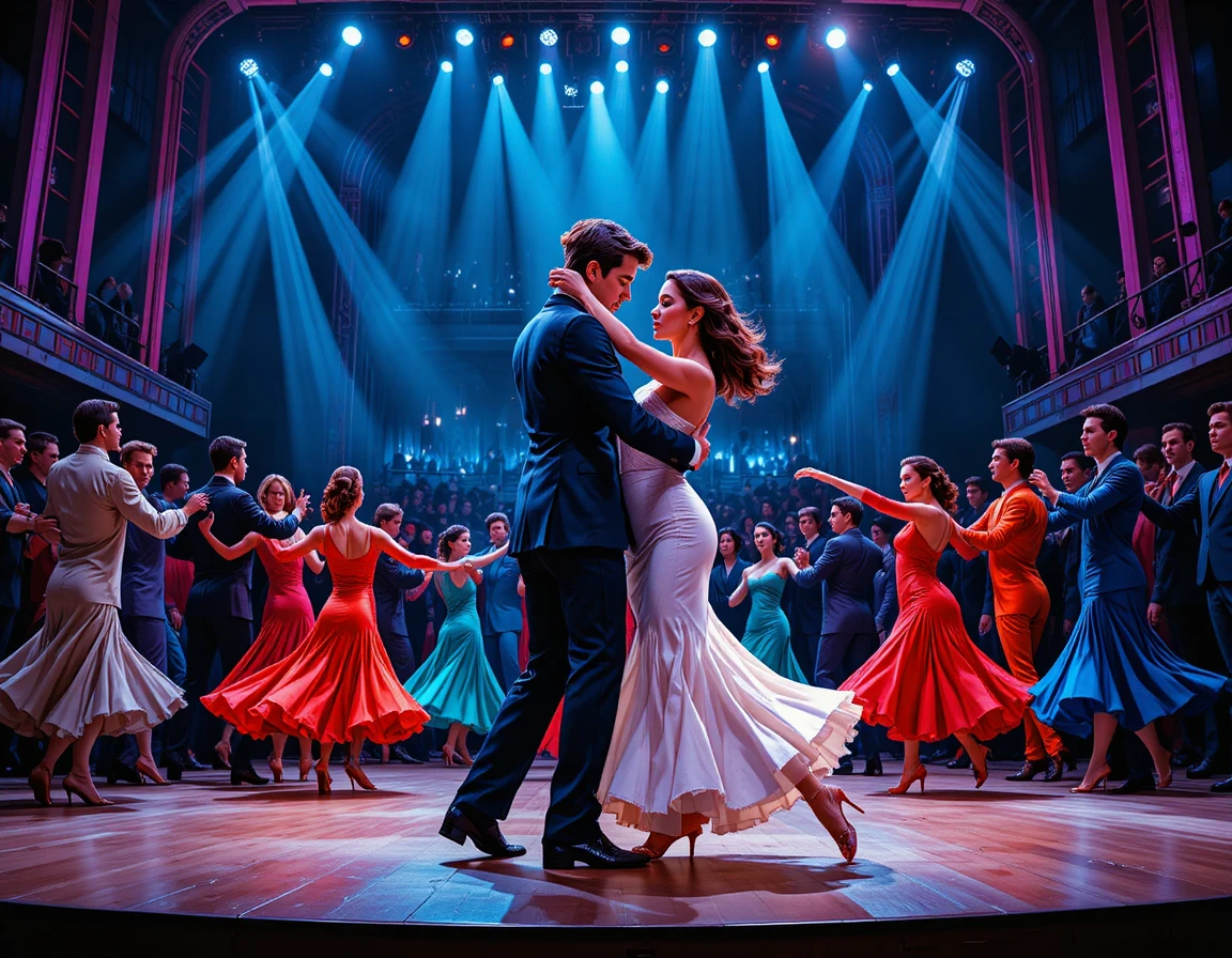 Tango couple lifted in a vibrant ballroom stage performance