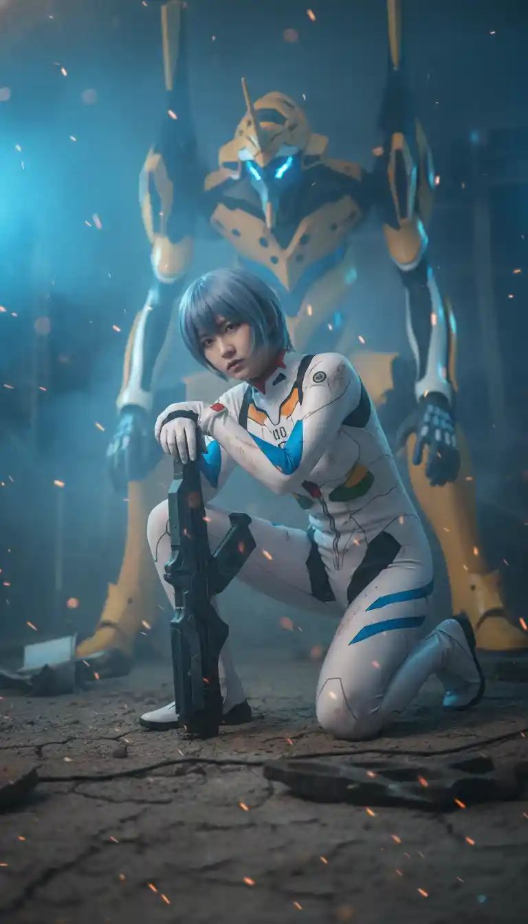 Battle worn woman kneeling beside a colossal combat mech