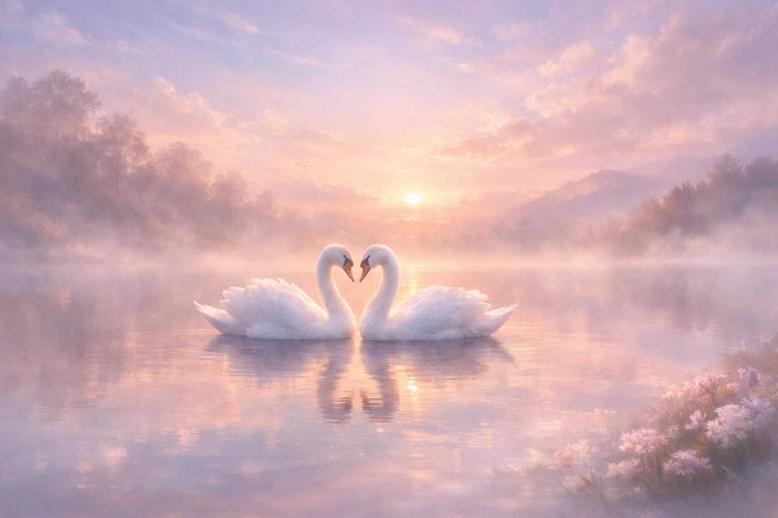Romantic white swans glide across a misty dawn lake