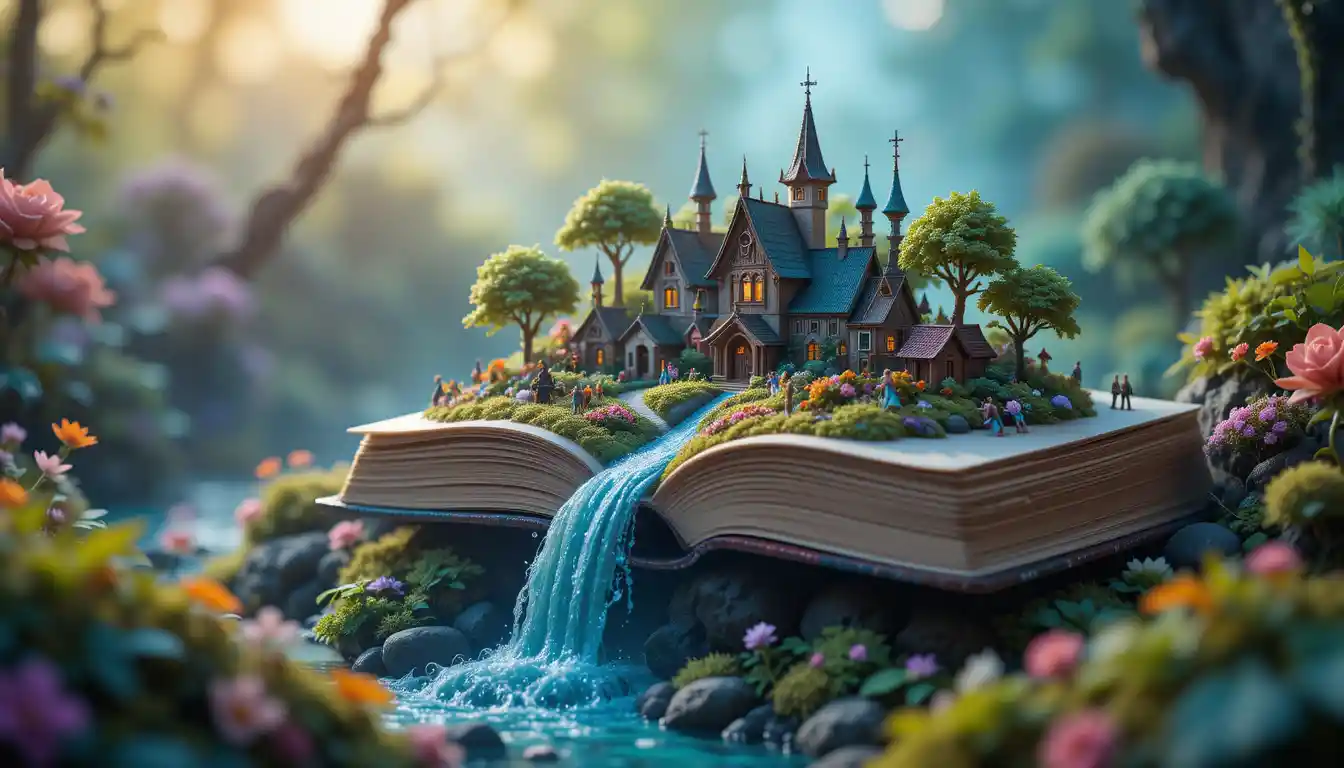 Miniature village in a mystical forest growing from an open book